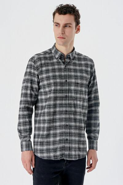 İmza Black Long Sleeve Plaid Cloth Feet Button Collar Pocket Cotton Comfort Fit Shirt1004235173