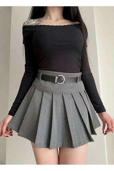 DarkellaStore Gray Pleated Mini Skirt with Belted Shorts