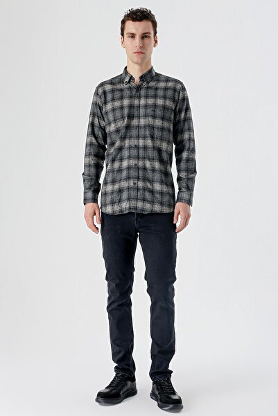 İmza Mavi Uzun Kollu Ekoseli Bez Ayağı Düğmeli Yaka Cepli Pamuklu Comfort Fit Gömlek 1004235173