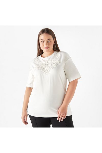 Ulla Popken Plus Size Ulla Popken Embroidered Top with Short Sleeves and Round Neck