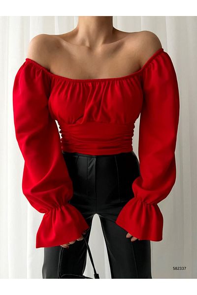EYLÜL ÇEBER Women's Madonna Collar Ballon Sleeve String Detail Stylish Crepe Bluz
