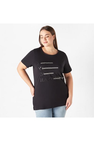 Ulla Popken Plus Size Ulla Popken Printed T-shirt with Round Neck and Short Sleeves