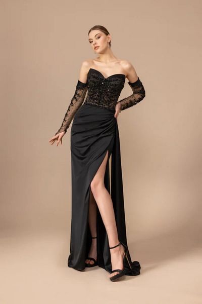 Kenzel Embroidered Detailed Transparent Sleeve Strapless Long Dress-7014
