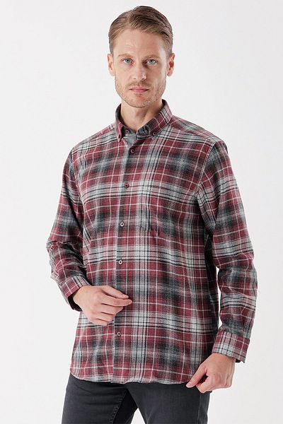İmza Burgundy Long Sleeve Plaid Gabardine Hard Collar Pocket Garnished Casual Comfort Fit Shirt1004235112