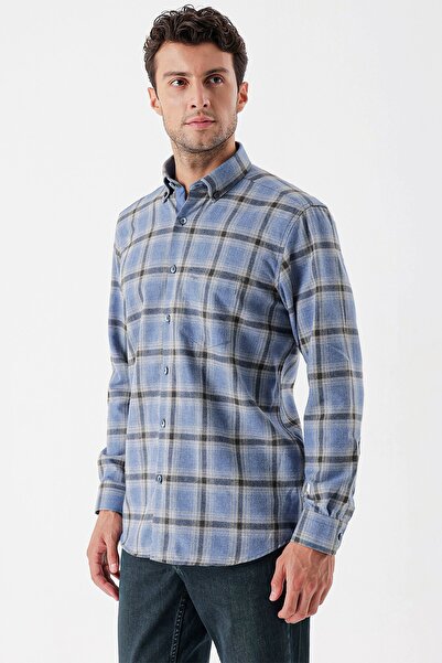 İmza Koyu Mavi Uzun Kollu Ekoseli Gabardin Sert Yaka Cepli Garnili Casual Comfort Fit Gömlek 1004235109