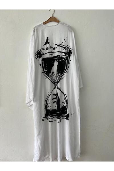 Miss Madly Kimono Kadın Beyaz Enerji Sinerji Kum Saati Baskılı Miss0011