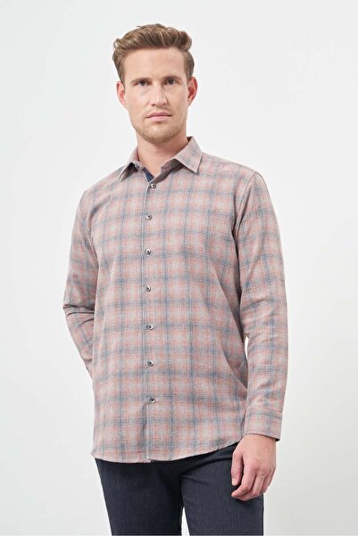 İmza Smoked Plaid Pattern - Gabardine Hard Collar Pocketless Cotton Shirt 1004245165