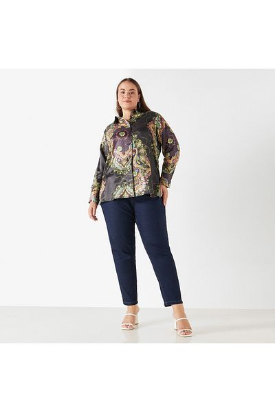 Ulla Popken Plus Size Ulla Popken Printed Shirt with Collar and Long Sleeves
