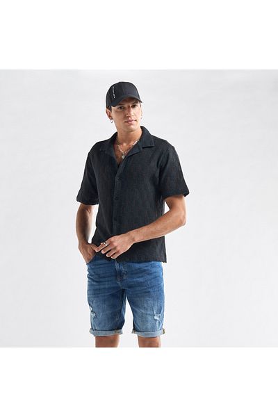 FAV Textured Shirt with Camp Collar and Short Sleeves