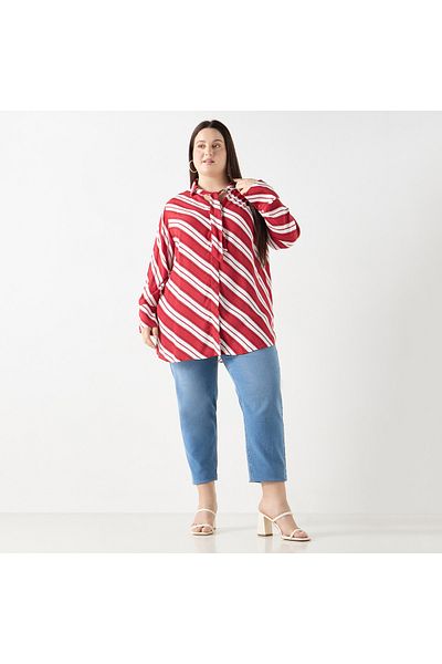 Ulla Popken Plus Size Ulla Popken Striped Shirt with Tie-Up Detail