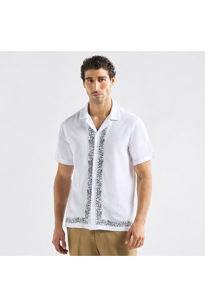 FAV Regular Fit Embroidered Shirt with Camp Collar and Short Sleeves