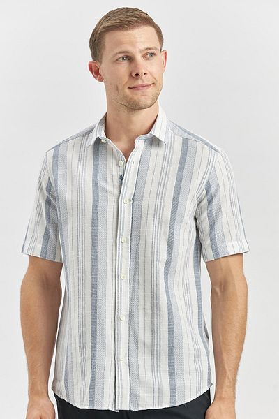 İmza Тъмносин раиран тениска Dobby Slim Fit - Къс ръкав, Памук 1004240243