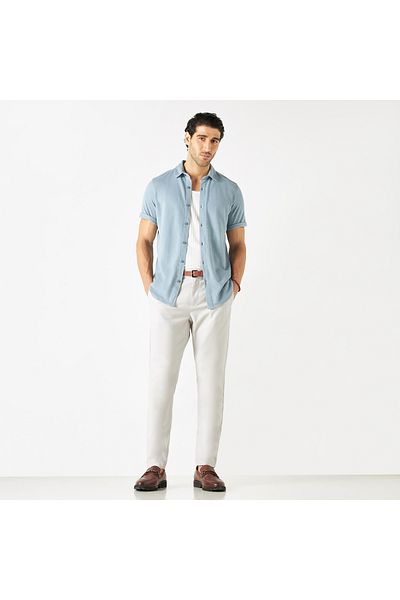 Iconic Textured Shirt with Spread Collar and Short Sleeves