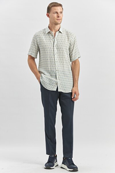 İmza Льняна сорочка Casual Slim Fit - темно-синя, з короткими рукавами, комір на ґудзиках 1004240241