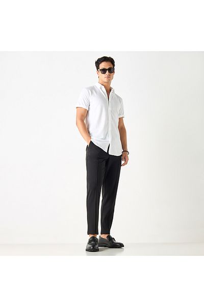 Iconic Textured Shirt with Spread Collar and Short Sleeves