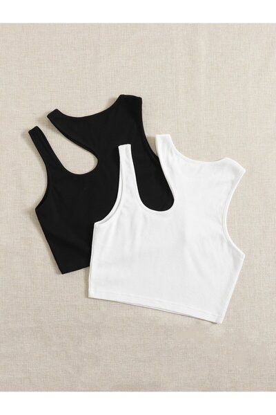 Liona Pack of 2 Asymmetrical Collar Black White Color Patternless Ribbed Sleeveless Strap Lycra Fit Sports Bustier
