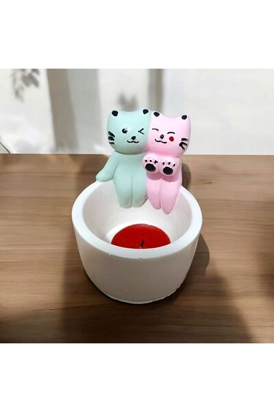 TAŞDEVRİLIFE Dekoratif Ateş Başında Isınan Sevgili Kedi Tealight Mumluk