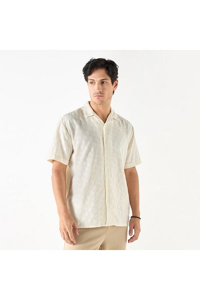 Iconic Regular Fit Textured Shirt with Camp Collar and Short Sleeves