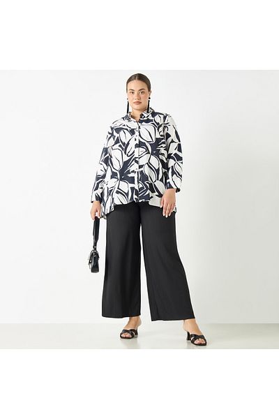 Ulla Popken Plus Size Ulla Popken All-Over Floral Print Shirt with Long Sleeves