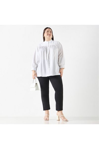 Ulla Popken Plus Size Ulla Popken Embellished Shirt with Mandarin Collar and Long Sleeves