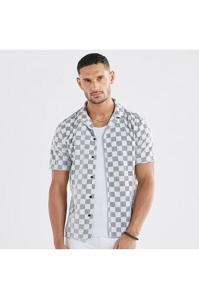 FAV Regular Fit Textured Shirt with Short Sleeves and Camp Collar