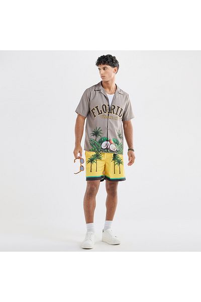 FAV All-Over Graphic Print Shirt with Camp Collar and Short Sleeves