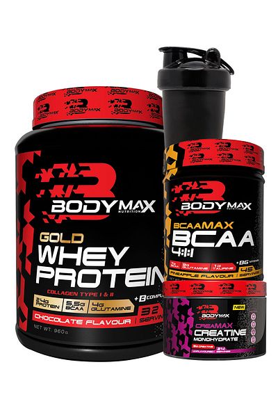 BODYMAX Gold Whey Protein Powder 960g Chocolate + Bcaamax Bcaa 585g with Ananas + Creamax Creatine 120g + Shaker
