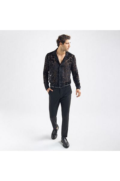 FAV Regular Fit Floral Textured Shirt with Long Sleeves and Camp Collar