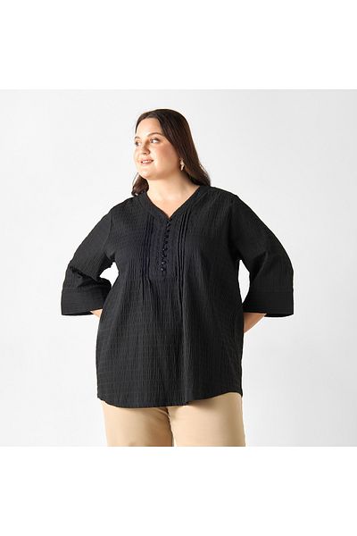Ulla Popken Plus Size Ulla Popken Textured V-neck Top with 3/4 Sleeves