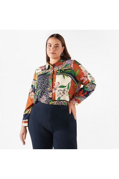 Ulla Popken Plus Size Ulla Popken All-Over Print Shirt with Collar and Long Sleeves