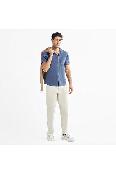 FAV Solid Camp Collar Shirt with Short Sleeves and Pocket