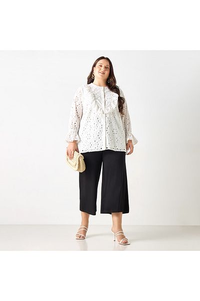 Ulla Popken Plus Size Ulla Popken All-Over Embroidered Top with Ruffles and Bell Sleeves