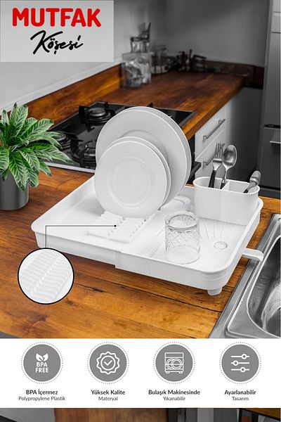 Mutfak Köşesi White Openable and Sliding Dish Rack Basket