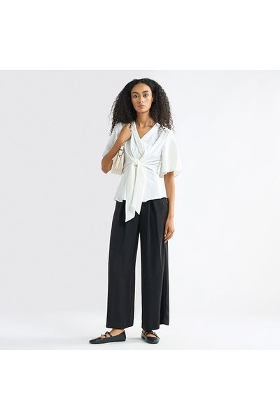 FAV V-neck Top with Flutter Sleeves and Knot Detail