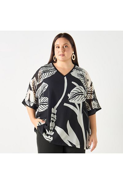 Ulla Popken Plus Size Ulla Popken All-Over Print V-neck Top with Short Sleeves