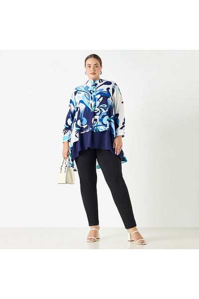 Ulla Popken Plus Size Ulla Popken All-Over Print High Low Top with Long Sleeves