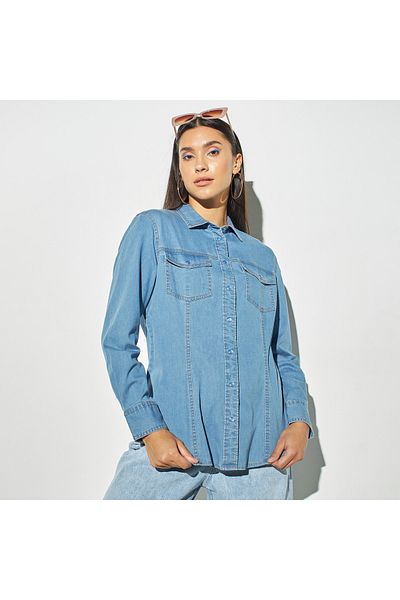 Lee Cooper Solid Denim Shirt with Pockets