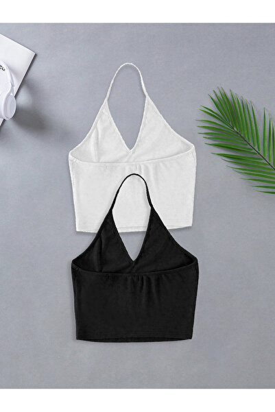 Liona 2 Li Paket U Yaka Siyah Beyaz Renk Desensiz Fitilli Kolsuz Askılı Likra...