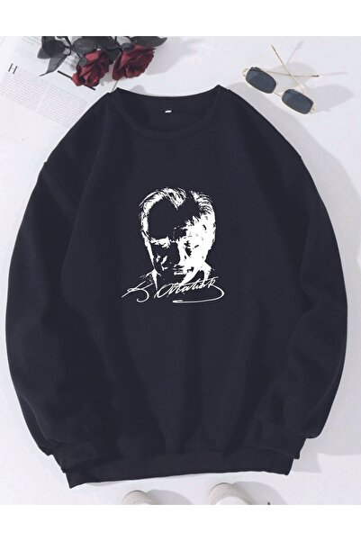 WOODROFFE 10 Νοεμβρίου Atatürk Printed Crew Neck Oversize Μαύρο και άσπρο φούτερ