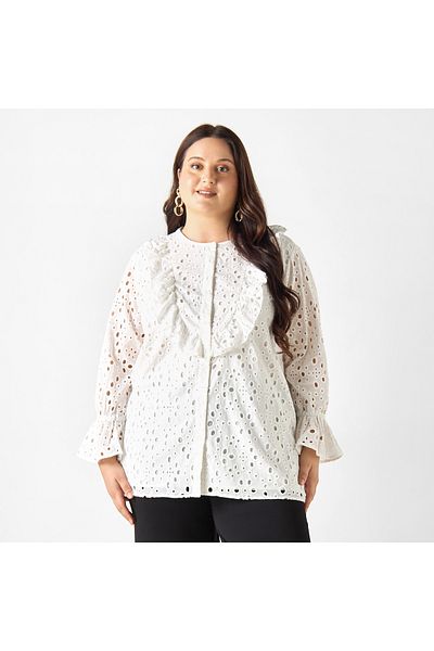 Ulla Popken Plus Size Ulla Popken All-Over Embroidered Top with Ruffles and Bell Sleeves