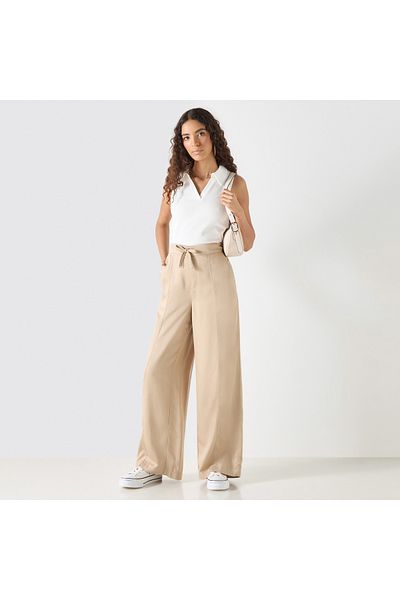 Lee Cooper Solid Wide Leg Pants with Drawstring Closure and Pockets