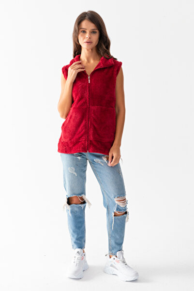 EtkiModa Women's Burgundy Stand Collar Zippered Plush Vest
