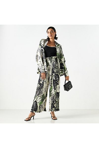 2Xtremz Printed Pleated Palazzo Pants with Elasticated Paperbag Waist