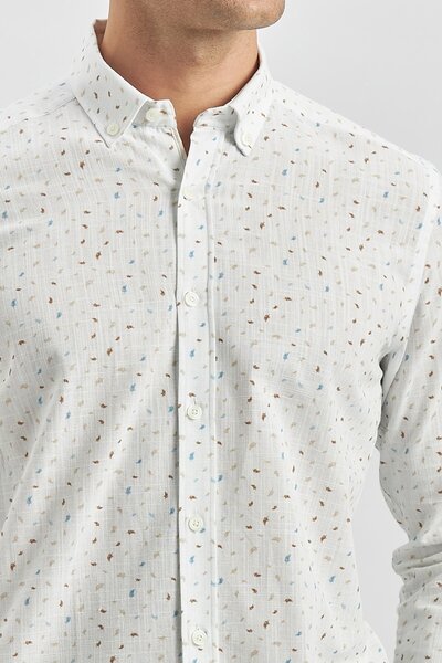 İmza Λευκό πουκάμισο χωρίς τσέπη με λεπτή εφαρμογή - 100% βαμβάκι, στάμπα με κοντό μανίκι 1004240105