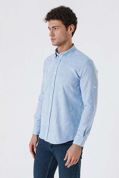 İmza Cămașă casual slim fit, albastru închis, cu mâneci retractabile, cu model Jacquard, fără buzunar, 100% bumbac 1004230182