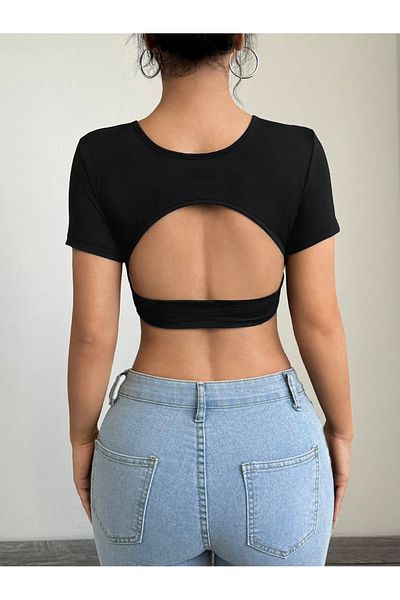 Liona Crew Neck Black Color Patternless Backless Ribbed Short Sleeve Lycra Fit Crop Top Blouse