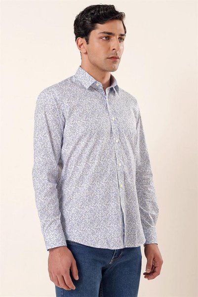 İmza Blue Long Sleeve Printed Hard Collar Pocketless Cotton Lycra Casual Slim Fit Shirt 1004230135