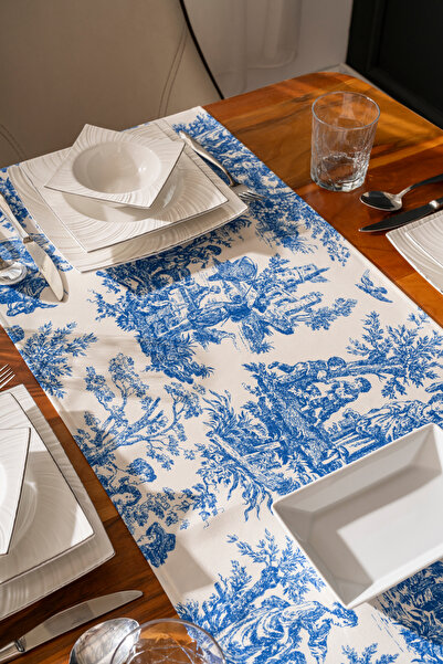 HOME ART ATELIER hand made Mavi Fransız Köylüler Desenli keten 40x140cm Runner