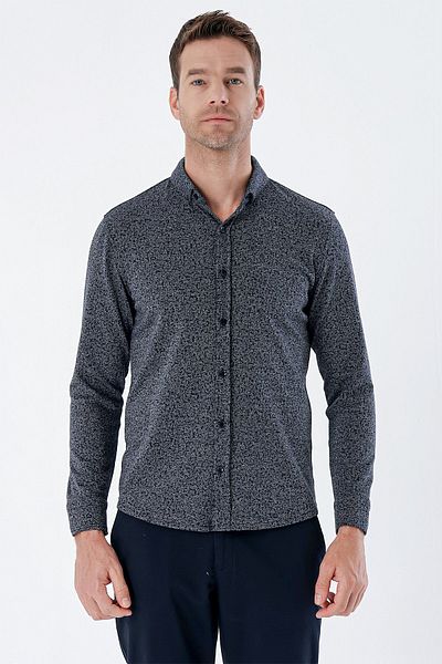 İmza Γκρι μακρυμάνικο μοτίβο πλεκτό Lycra Casual Slim Fit Slim Fit πουκάμισο χωρίς τσέπη 1004235115