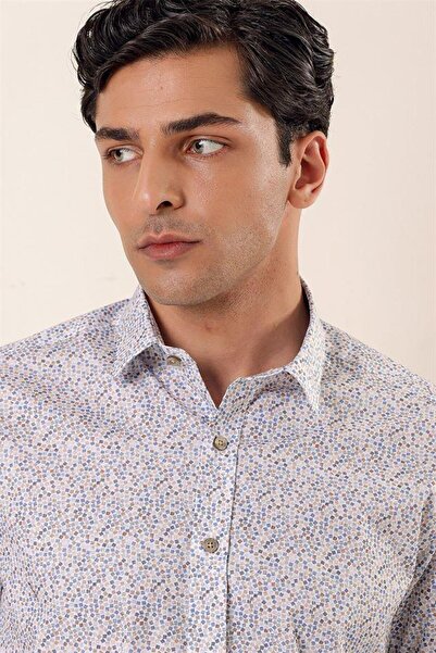 İmza Синя сорочка з довгими рукавами, жорстким коміром, без кишень, з бавовняним лікрам, у стилі casual slim fit 1004230135